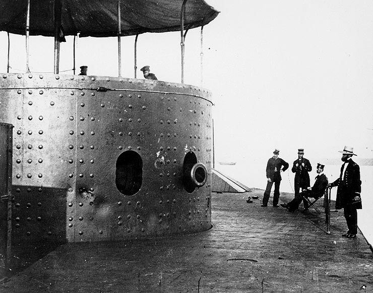 USS Monitor with visible dents after Battle of Hampton Roads